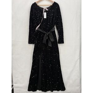 Baltic Born Julia Sequin Maxi Dress Womens Large Black Belted Evening Gown NWT